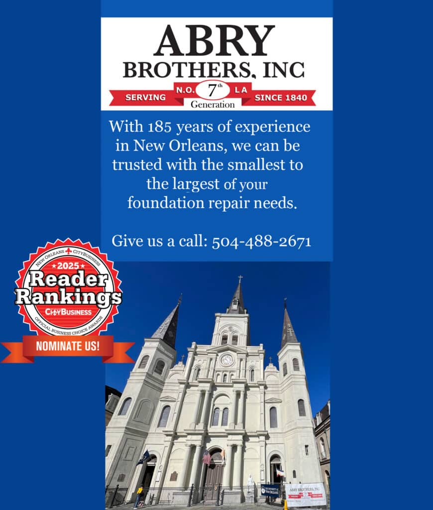 Abry Brothers, Inc. commercial shoring services in New Orleans, showcasing expertise in foundation repair with over 185 years of experience. Image features the St. Louis Cathedral and a nomination badge for the 2025 Reader Rankings by New Orleans CityBusiness.