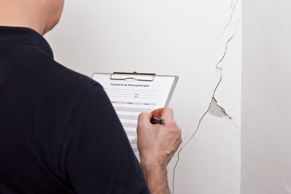 Home inspector reviewing file of a home with foundation problems